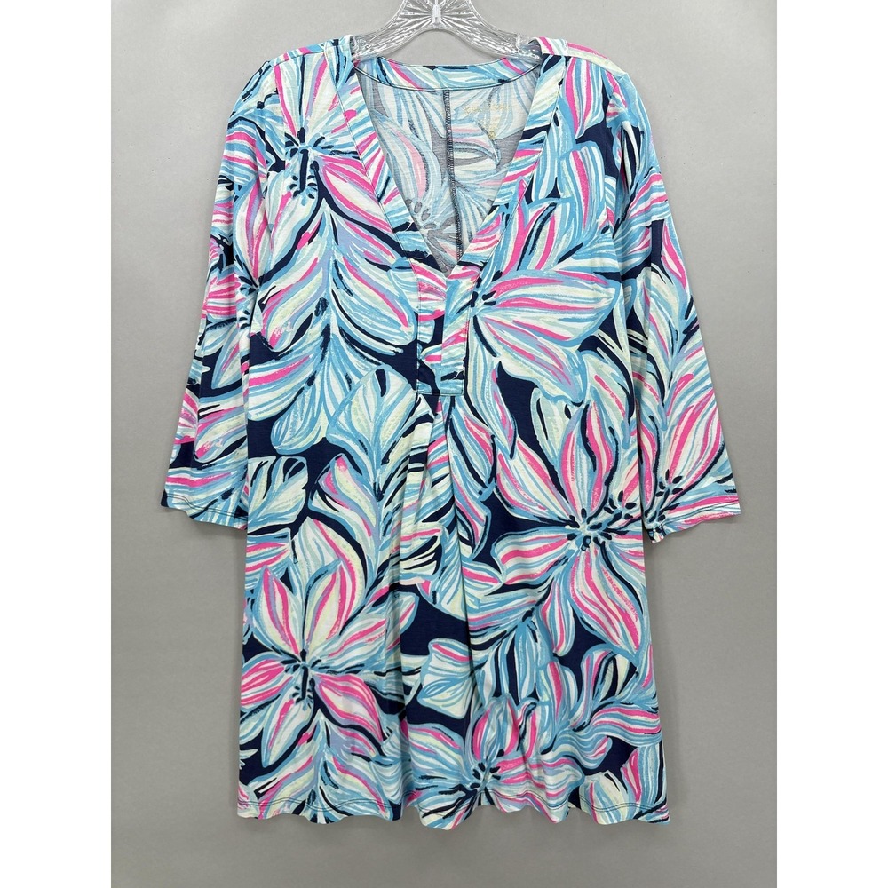 Lilly Pulitzer Dress Womens Medium Blue Pink‎ Floral Print 3/4 Sleeve Pima AMINA